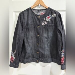 Hannah Black Denim Jacket with Floral Embroidery